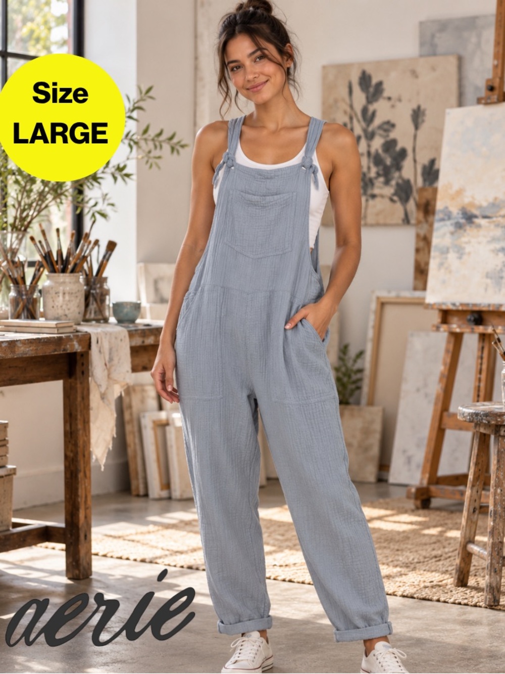 2/for $20 🪩 AERIE Light Blue Cotton Gauze Women's Overalls (Size Large)
